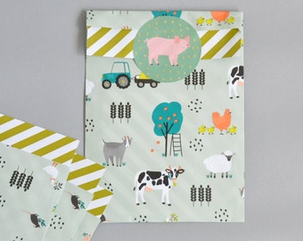 Geschenktüten Bauernhof Tiere, Farm Einschulung Kinder grün | Papiertüten Flatbags