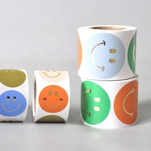 Aufkleber Smiley blau, beige, rot, grün | Sticker Goldeffekt Verpackung Party Geschenk retro