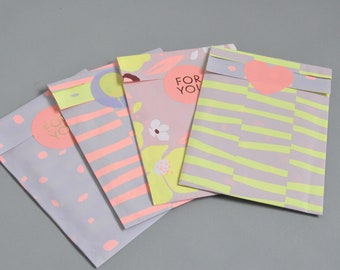 Geschenktütenset ~ Gr. S "Neon"  | Streifen, Blumen, Punkte  | Papiertüten Flatbags