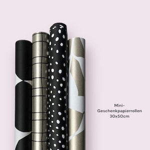 4 Mini-Geschenkpapier-Rollen  elegant schwarz gold weiß (30x50cm)