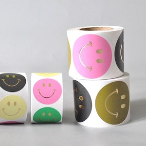 Aufkleber Smiley schwarz, pink, gelb, grün | Sticker Goldeffekt Verpackung Party Geschenk retro