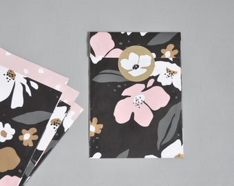 Geschenktüten Blumen Blüten Frühling  | schwarz / rosa  | Papiertüten Flatbags