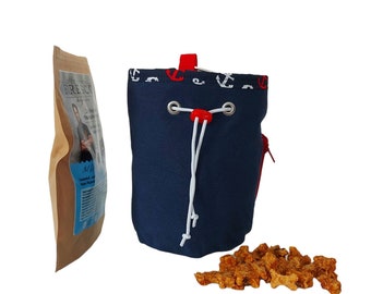 Sac de nourriture/de friandises - maritime avec distributeur de sacs intégré, sac pour chien, distributeur de sacs à crottes, sac à bandoulière, chien, en déplacement, dressage