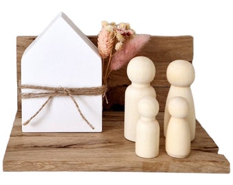 Coffret cadeau « Famille » en Keraflott et bois de chêne, blanc, décoration, cadeau, plateau, maison, famille, lettres, figurines en bois, corde de jute