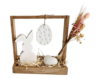 Coffret cadeau "Panier de Pâques" en Keraflott, bois naturel, blanc, décoration, cadeau, lapin, bougeoir, pendentif œuf de Pâques, souvenir, décoration de table