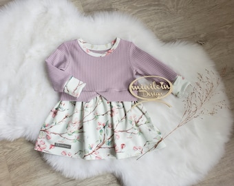 Girly Sweater Gr. 80, Gr. 122  Mädchensweater, Kleid für Mädchen Apfelblüten lila