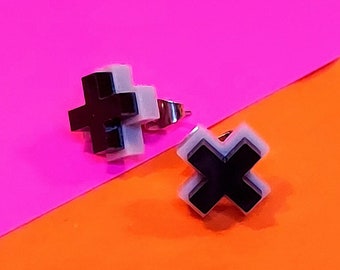 CONQUER 2. Acrylic double layer cross or plus sign stud earrings