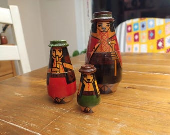 Babushka Matrioska vintage, splendidamente dipinte, circa 12 cm, set da 3 pezzi, maschile.