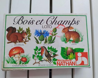 Può includere: Una scatola di gioco per bambini vintage intitolata "Bois et Champs Loto". La scatola presenta illustrazioni di uno scoiattolo, fiori blu, un coniglio, un fungo, un uccello e una nocciola. È visibile anche il marchio "NATHAN".