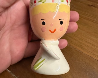 Egg cup wood painted midcentury SEVI Italy bride spring fairy with hat