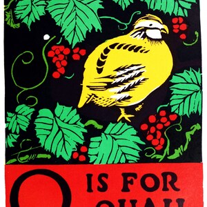K&ouml;nnte beinhalten: Ein Vintage-Alphabetdruck mit dem Buchstaben Q in Rot mit schwarzem Umriss. Der Buchstabe ist von einem schwarzen Hintergrund umgeben, auf dem ein gelber Wachtelvogel auf einem gr&uuml;nen Weinstock mit roten Beeren sitzt. Der Text "Q is for Quail" ist in Schwarz auf rotem Hintergrund gedruckt.