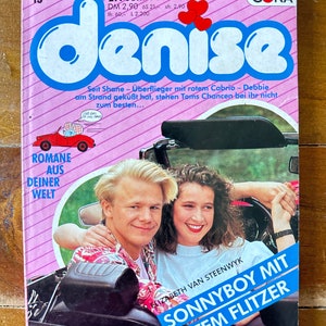 May include: A vintage magazine cover titled "denise" with a pink background and bubble letters. The cover features a couple in a red convertible and text in German. The magazine is dated June 27, 1990.