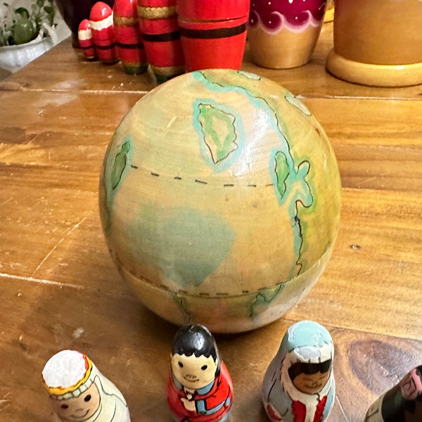 Vintage Babushka Matrioschka Folklore World Globe with World People Approx. 12 cm Diameter Rare