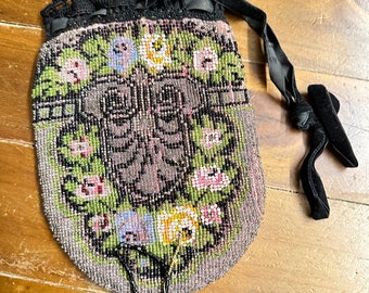 Vintage Brocante Art Deco, Jugendstil Reticule Perlenbeutel Klapper Tasche 1920s sehr groß