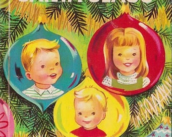 May include: Vintage book cover titled "Waiting for Santa Claus." The cover features three ornament-shaped illustrations of children with blonde hair. The background is green with illustrations of pine needles. The price is 39¢.