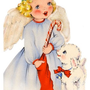 May include: Vintage illustration of a cherubic angel with blonde curls, wearing a blue dress and a holly wreath. She holds a red stocking and a candy cane, with a lamb wearing a red bow. A charming Christmas theme.