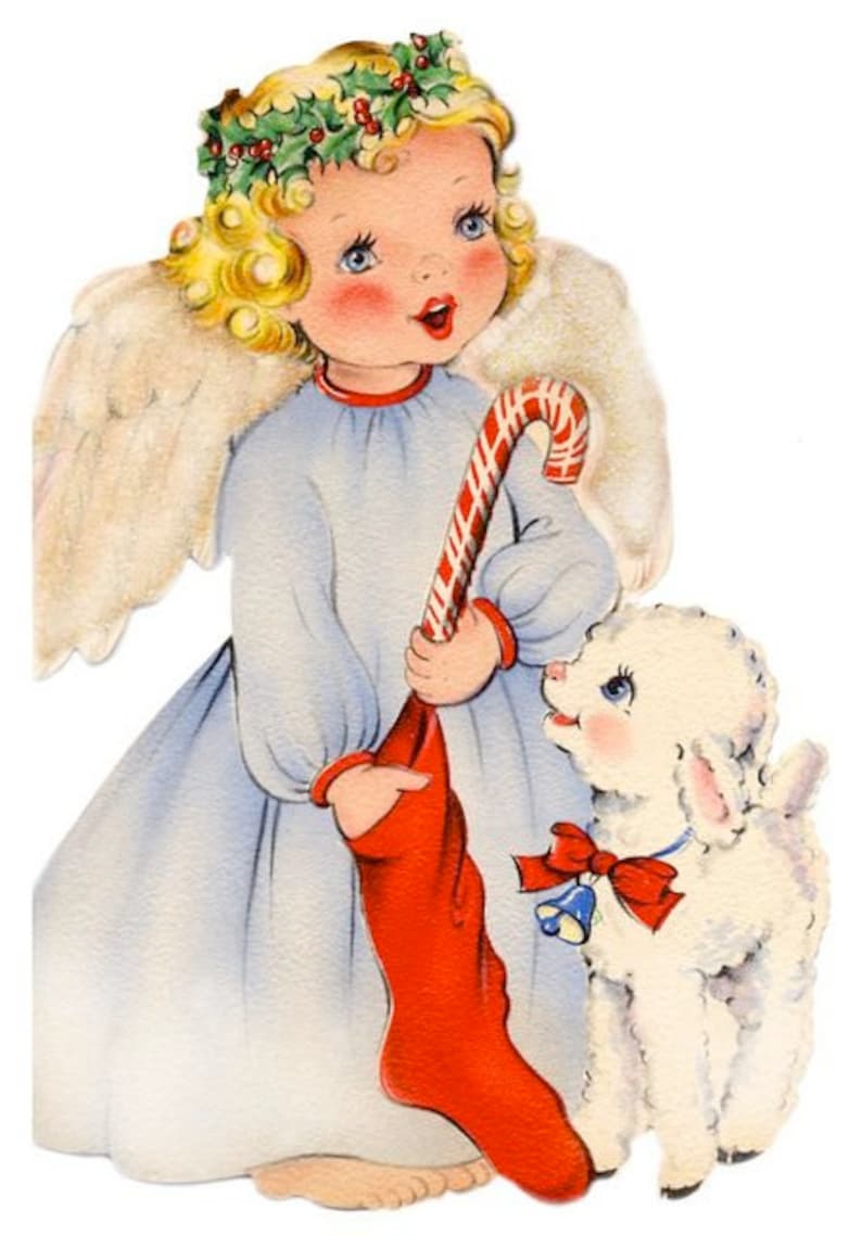 May include: Vintage illustration of a cherubic angel with blonde curls, wearing a blue dress and a holly wreath. She holds a red stocking and a candy cane, with a lamb wearing a red bow. A charming Christmas theme.