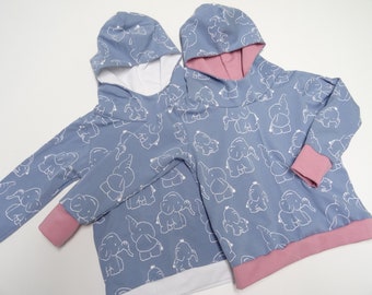 Hoodie sweater, hood, collar, various colors size. 50-170 "Elephants" blue old pink