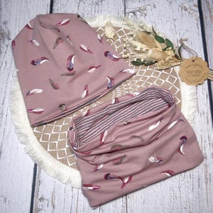 Wendebeanie Mütze Loop Set  Wunschgröße "Federn" rosa, weiß
