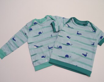 Long-sleeved shirt pullover, with collar, with hood, various COLORS size. 50-170 "whales", long arm, short arm