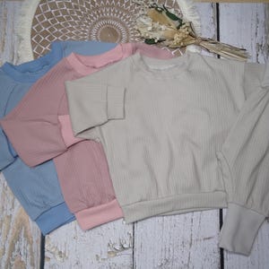 Könnte beinhalten: Drei langärmelige Shirts in Blau, Rosa und Beige. Die Shirts sind aus geripptem Stoff und haben einen Rundhalsausschnitt.