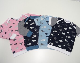 Shirt sweater, with collar, with hood, various COLORS size. 50-170 "Whales", short sleeve, long sleeve, blue, pink, light blue