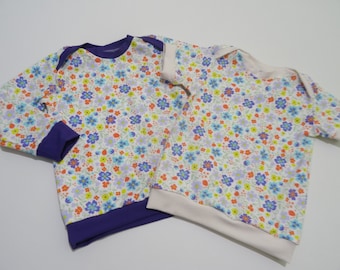 Shirt, sweater, hoodie, hood, collar, size. 50-170 "Flowers", short sleeve, long sleeve, white-purple