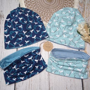 Wendebeanie Loop Set "Vögel" Wunschgröße, mint, blau, grau