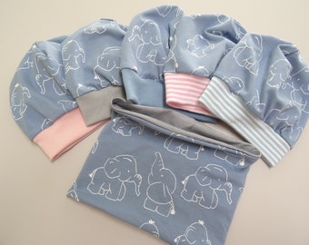 Beanie Mütze Tuch Loop Set "Elefant"   Wunschgröße 36-58 cm, blau, altrosa, weiß