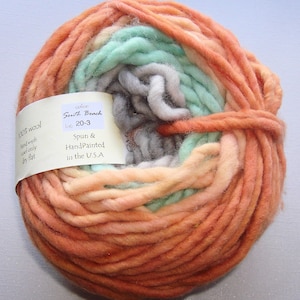May include: A skein of hand-painted 100% wool yarn in shades of peach, mint green, and gray. The yarn is labeled "South Beach" and "lot: 20-3". It is spun and hand-painted in the USA.