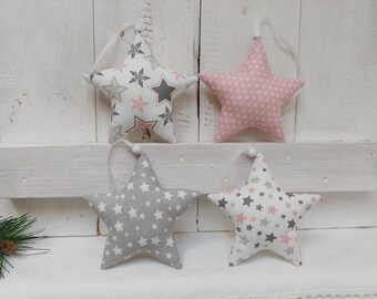 4 Stoff Sterne in rosa, grau- weiß