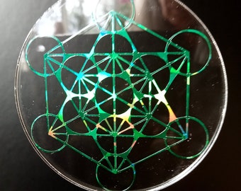 Cube de Metatron vert émeraude sur verre acrylique 6,3 - 8,8 cm