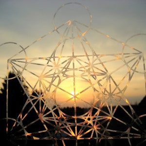 Op de afbeelding: Een geometrisch patroon van overlappende cirkels en lijnen, dat een stervorm creëert, wordt over een zonsondergang gelegd. Het patroon is wit en de zonsondergang is oranje en geel.