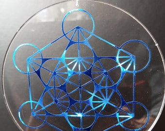 Metatrons Würfel blau / silber auf Acrylglas 6,3 - 8,8cm