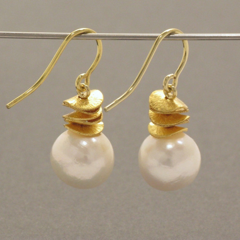 White Pearl Earrings with Gilded Silver image 2