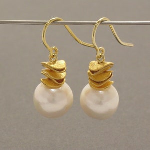 White Pearl Earrings with Gilded Silver image 1