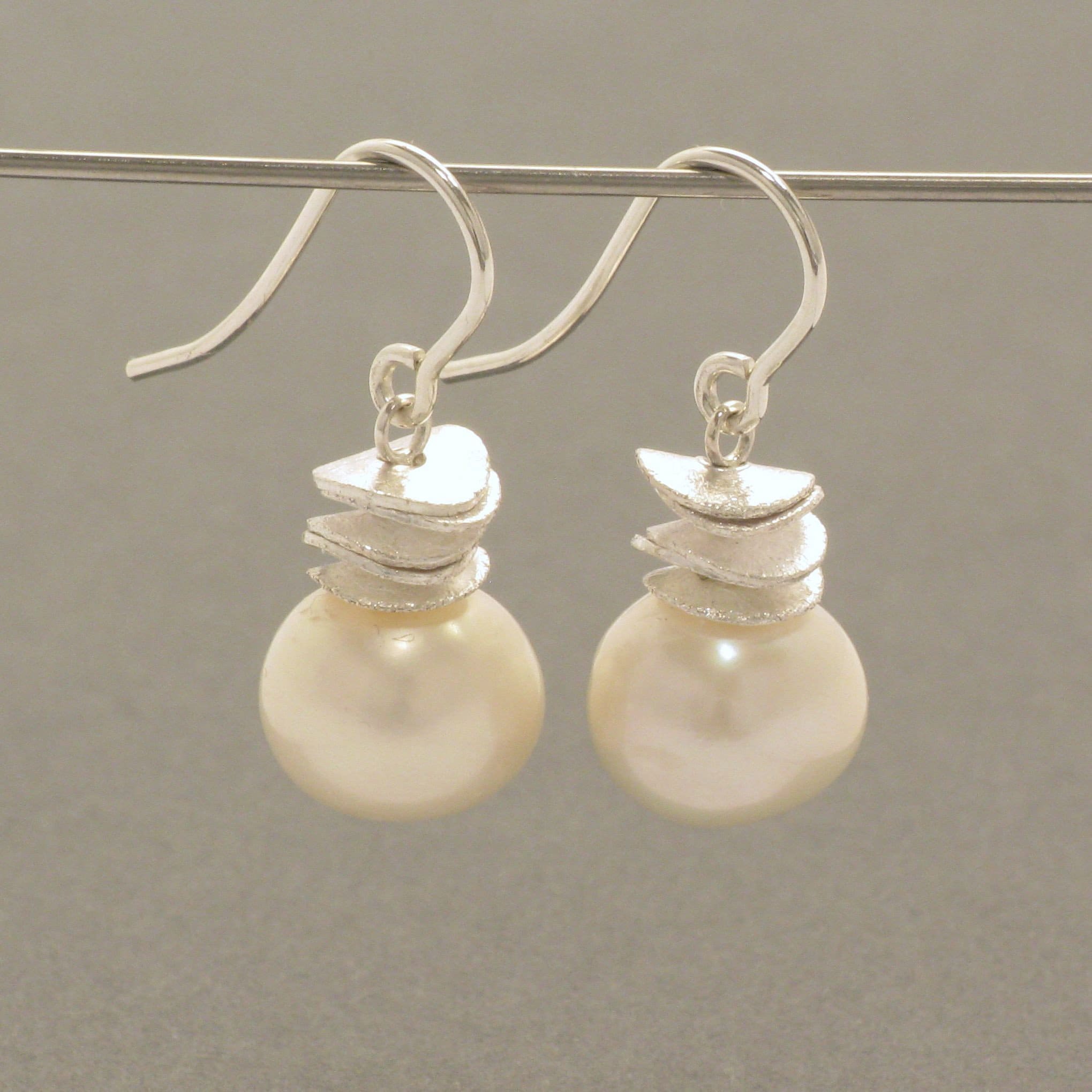 Orecchini A Borchia Argento 925 Con Perle Naturali Bianche 11-12mm Vintage
