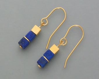 Cube earrings Lapis Lazuli, gilded
