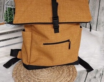 Waterproof backpack (color example ochre) made of linen look canvas, waterproof interior, roll top, pocket in 36 colors