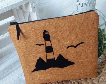 Cosmetic bag S (color example ocher) with lighthouse motif, toiletry bag, make-up bag, bag, made of upholstered canvas in 18 colors