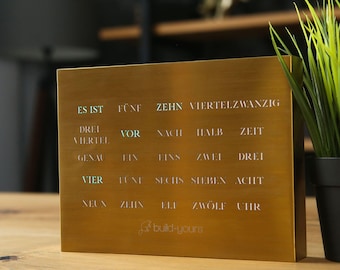 BoxClock stainless steel floor clock in gold with word display - LED table clock made of brushed stainless steel - modern word clock for office and home