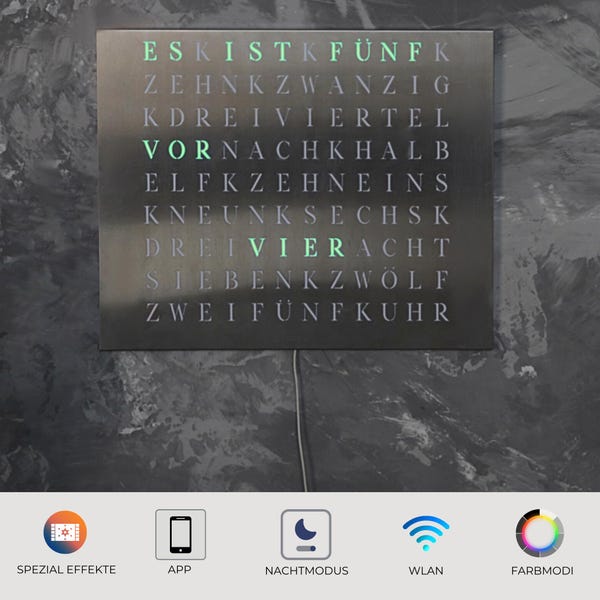 WordClock Jupiter laser-cut stainless steel - modern LED wall clock made of brushed stainless steel - elegant word clock with app control