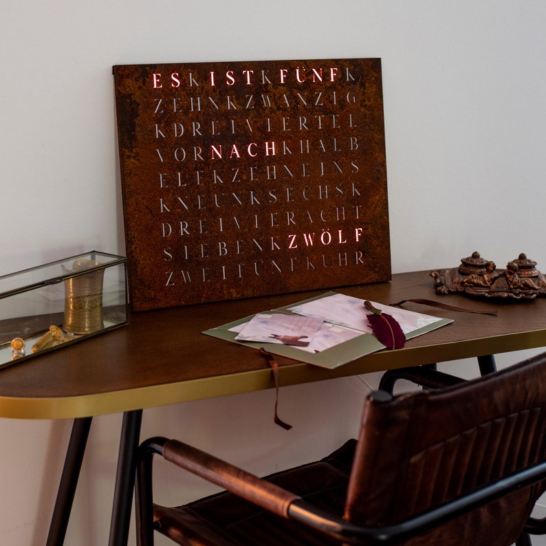 WordClock Jupiter Rust Look - Word clock made of rusted and laser-cut iron - modern LED wall clock in industrial style image 2
