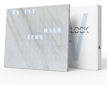 WordClock Jupiter white marble look - Word clock in German - LED wall clock in modern style - minimalist designer clock for home or office