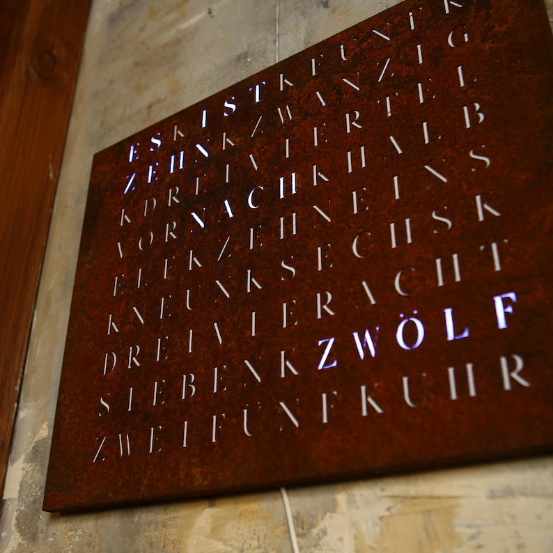 WordClock Jupiter Rust Look - Word clock made of rusted and laser-cut iron - modern LED wall clock in industrial style image 8