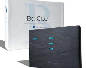 BoxClock slate look, wood look, white marble look, space, and much more. - LED grandfather clock with word display - The word clock for your desk