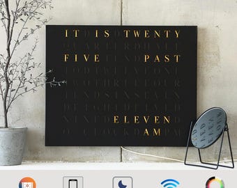 WordClock Jupiter laser-cut stainless steel in matte black & silver - word clock in ENGLISH - elegant LED wall clock with app control