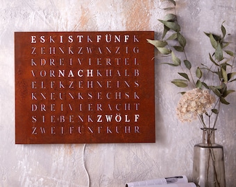 Word Clock Kit Rust Optics - Rusted and lasered iron - Build your own WordClock Jupiter - modern LED wall clock for hobbyists and DIY enthusiasts