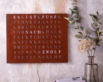 WordClock Jupiter Rust Look - Word clock made of rusted and laser-cut iron - modern LED wall clock in industrial style