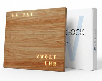WordClock Jupiter wood look - modern word clock in German - LED wall clock for hanging or standing